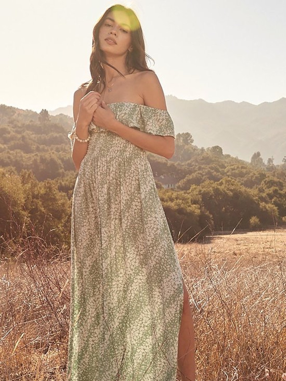 Sage Green Floral Ruffle Maxi Dress